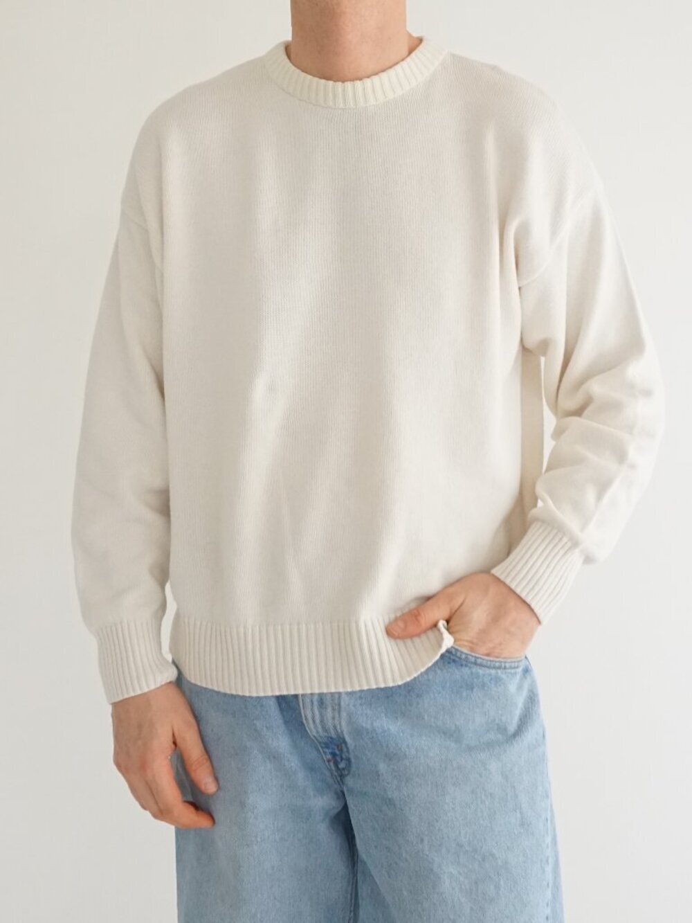 Vintage Classics Cream Solid Knit Minimal Ribbed Hem Crew Neck Sweater Cotton M - Picture 1 of 10